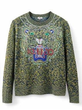 Kenzo Paris Tiger Embroidered Wool Sweater Green Blue Melange Knit Size XL